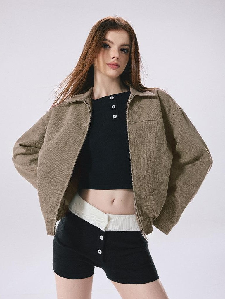 Vone SheeE Vintage Green Loose Fit Long Sleeve Polo Collar Cotton Women&