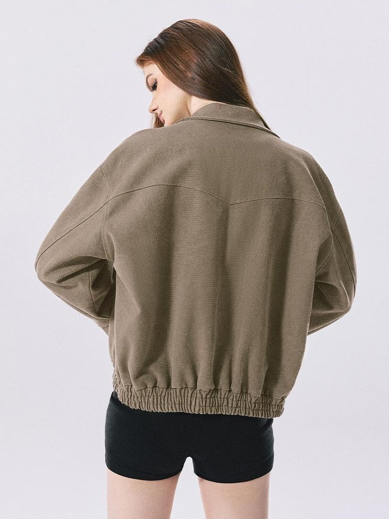 Vone SheeE Vintage Green Loose Fit Long Sleeve Polo Collar Cotton Women&