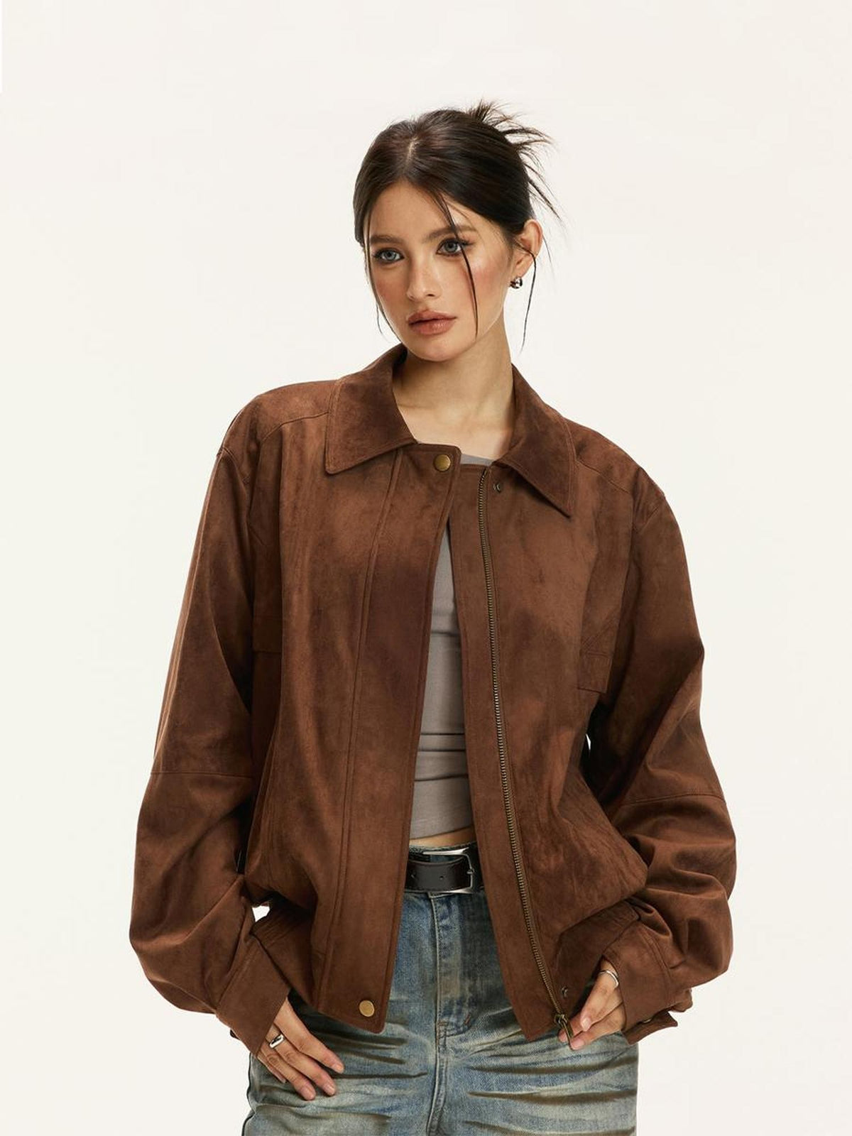 Vone SheeE Vintage Suede Loose Fit Lapel Collar Women&