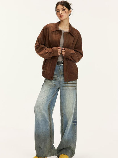 Vone SheeE Vintage Suede Loose Fit Lapel Collar Women&