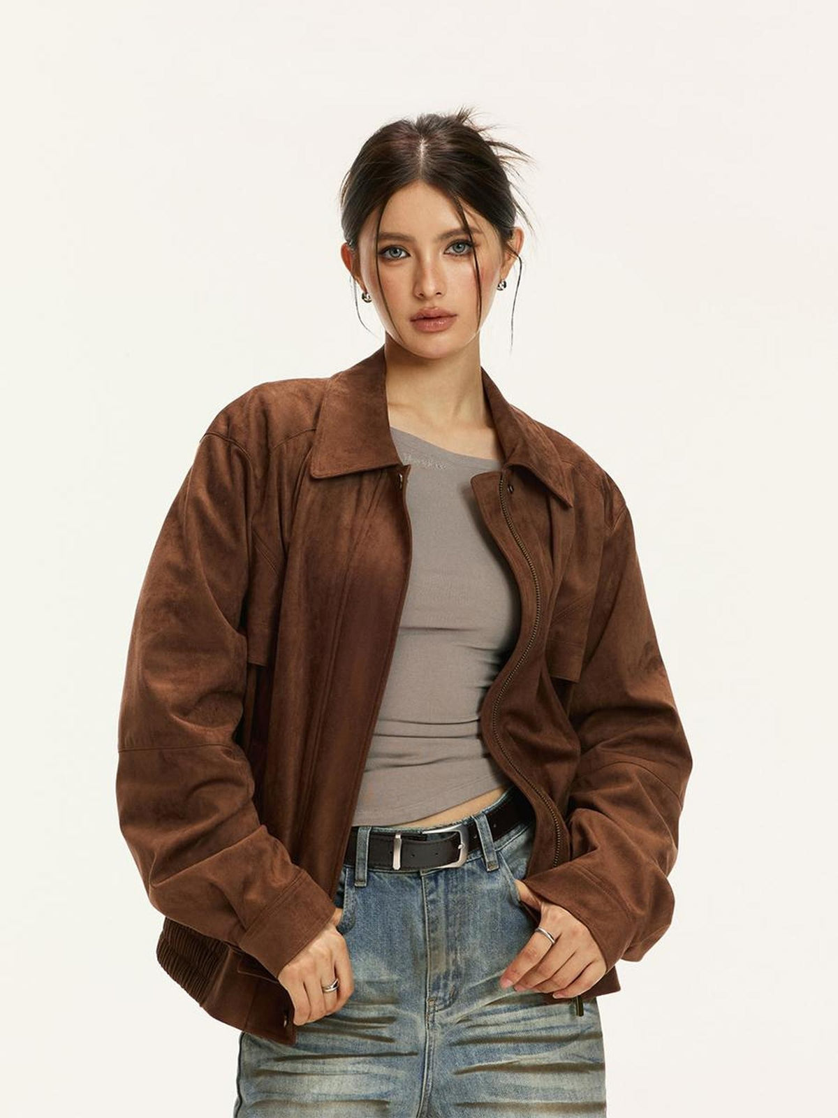 Vone SheeE Vintage Suede Loose Fit Lapel Collar Women&