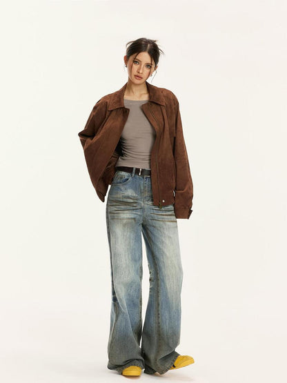 Vone SheeE Vintage Suede Loose Fit Lapel Collar Women&