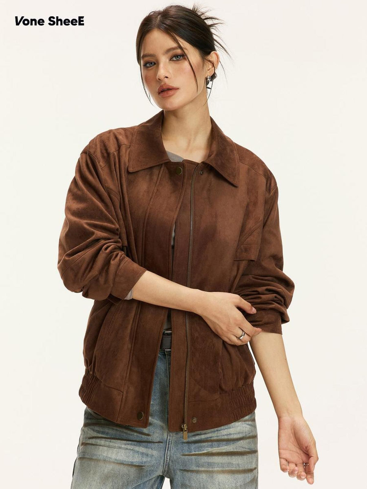 Vone SheeE Vintage Suede Loose Fit Lapel Collar Women&