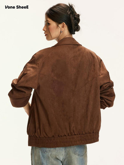 Vone SheeE Vintage Suede Loose Fit Lapel Collar Women&