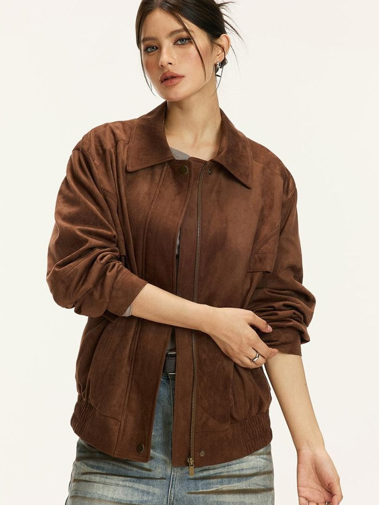 Vone SheeE Vintage Suede Loose Fit Lapel Collar Women&