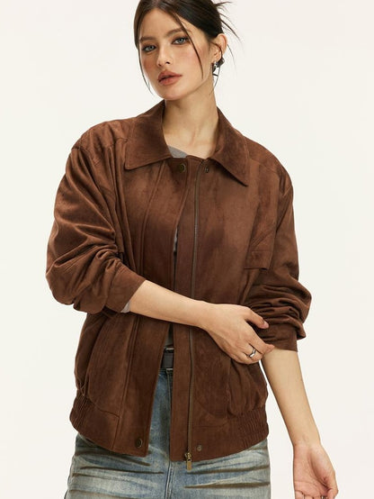 Vone SheeE Vintage Suede Loose Fit Lapel Collar Women&