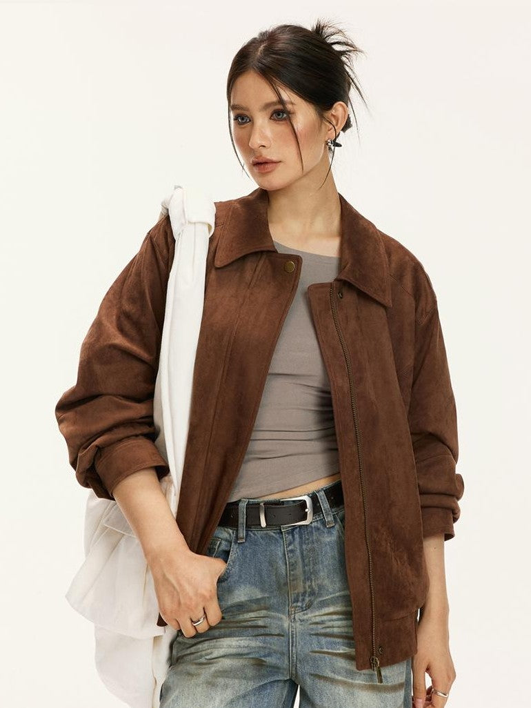 Vone SheeE Vintage Suede Loose Fit Lapel Collar Women&