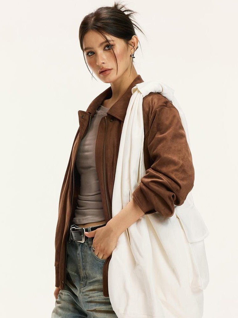 Vone SheeE Vintage Suede Loose Fit Lapel Collar Women&