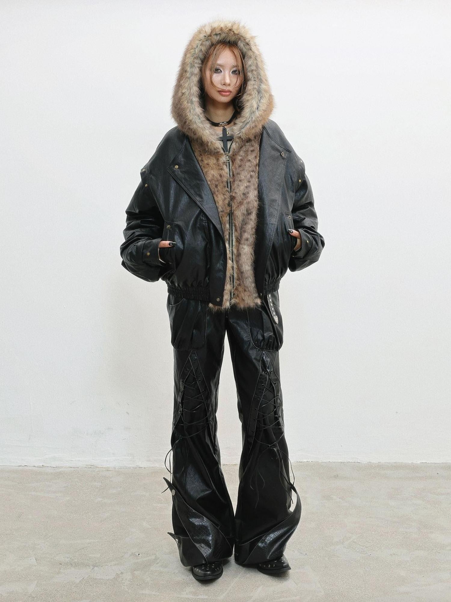 WSW WUSHENWU Black Fur Patchwork Padded Bomber Hooded Zip Street Women&