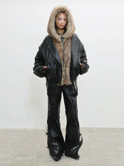 WSW WUSHENWU Black Fur Patchwork Padded Bomber Hooded Zip Street Women&