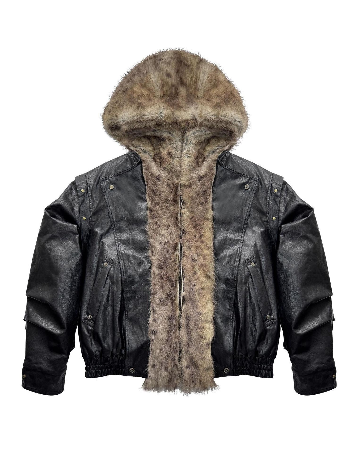 WSW WUSHENWU Black Fur Patchwork Padded Bomber Hooded Zip Street Women&
