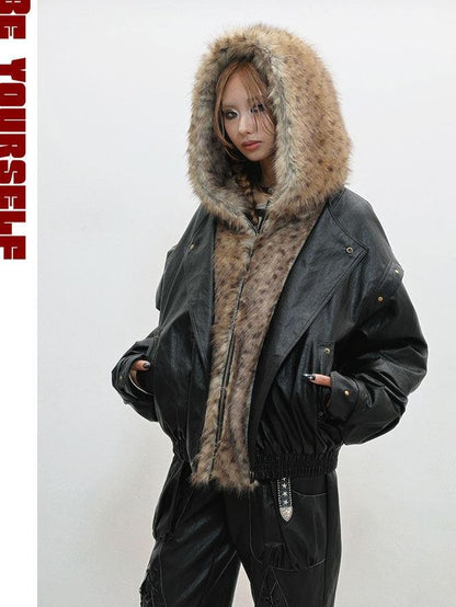 WSW WUSHENWU Black Fur Patchwork Padded Bomber Hooded Zip Street Women&