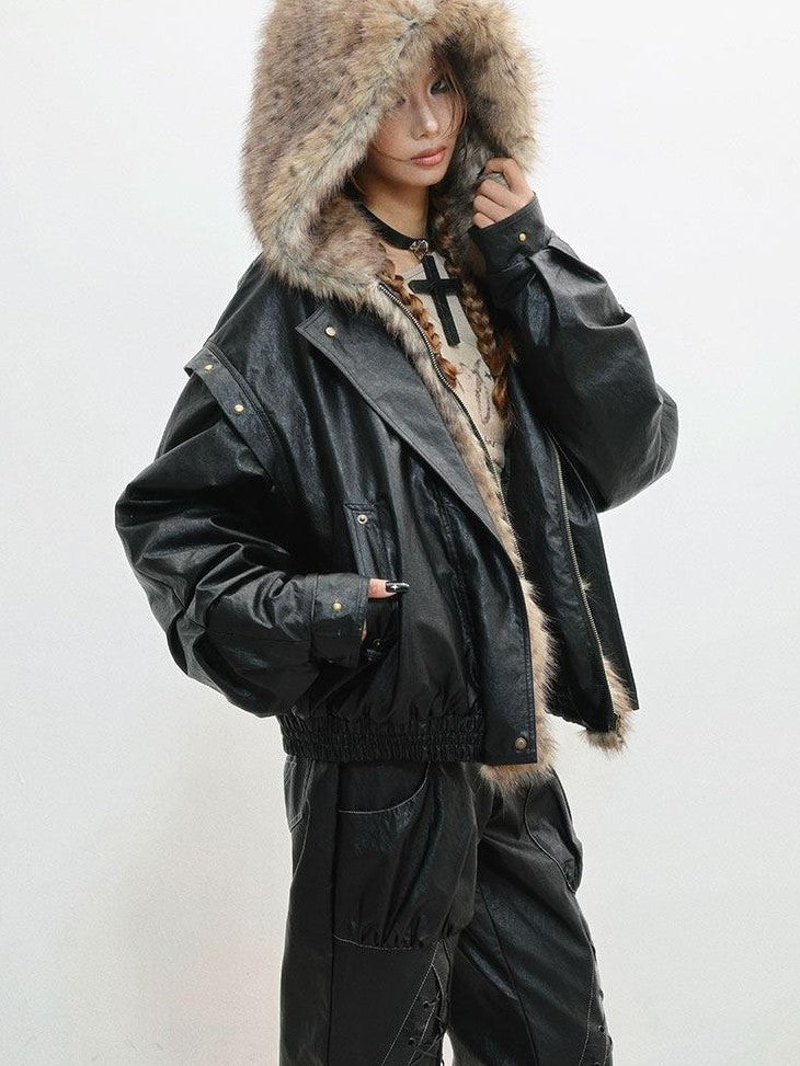 WSW WUSHENWU Black Fur Patchwork Padded Bomber Hooded Zip Street Women&