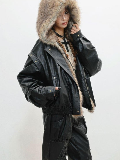 WSW WUSHENWU Black Fur Patchwork Padded Bomber Hooded Zip Street Women&