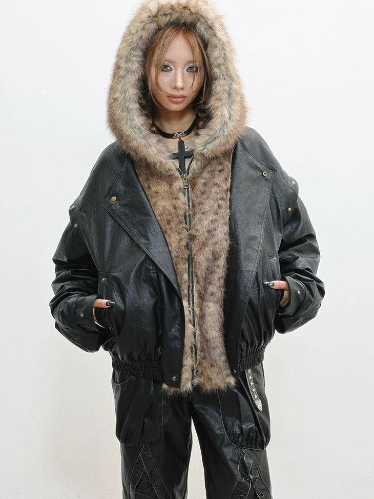 WSW WUSHENWU Black Fur Patchwork Padded Bomber Hooded Zip Street Women&