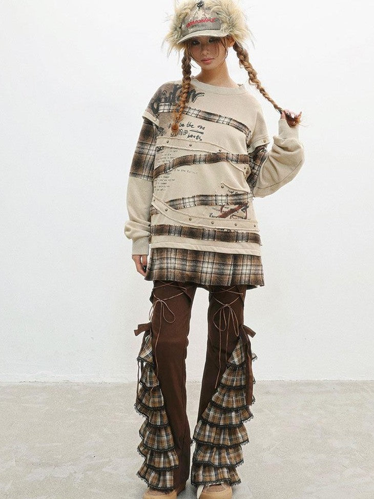 WSW WUSHENWU Camel Wasteland Print Detachable Sleeves Crewneck Women&