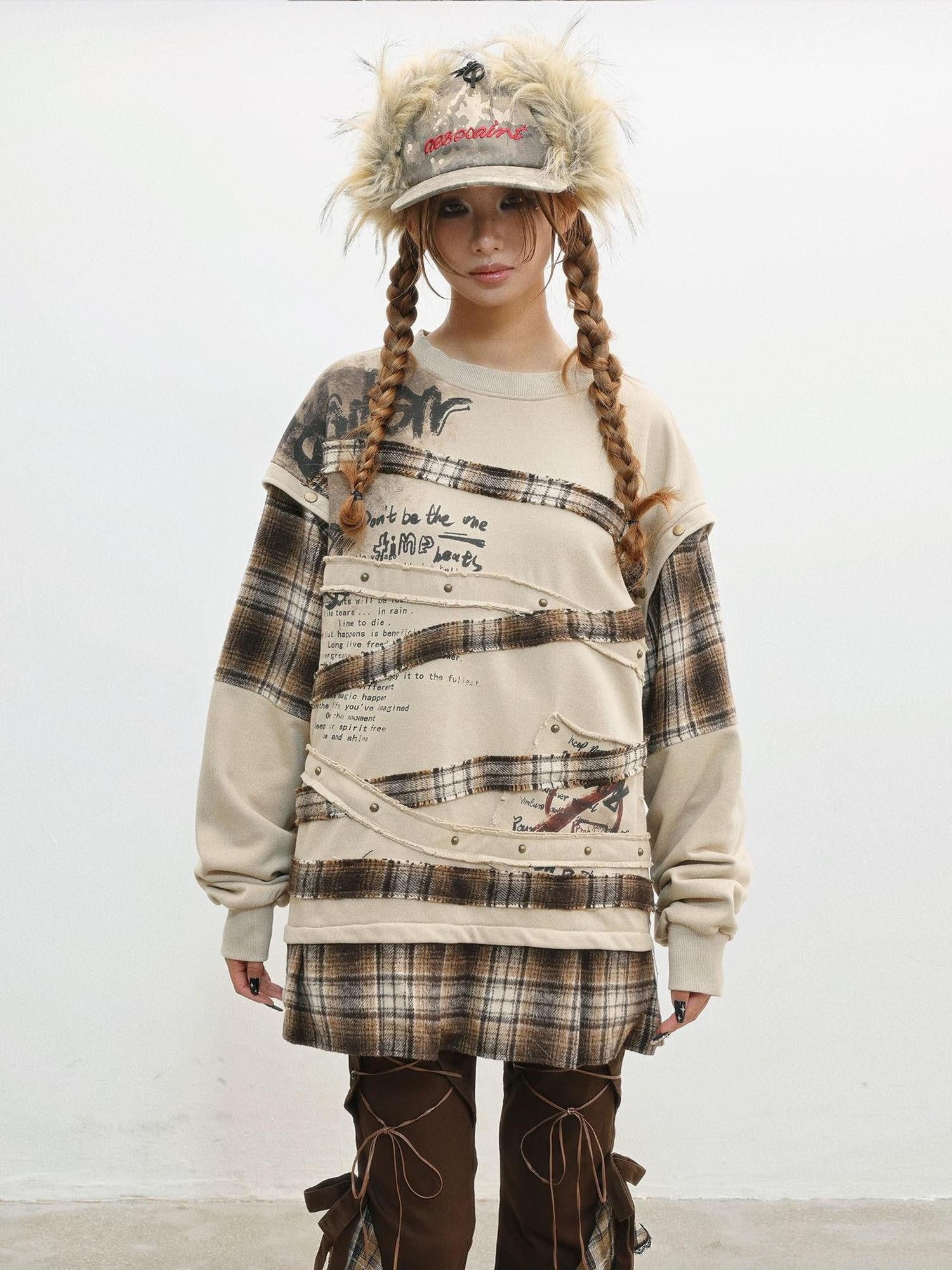WSW WUSHENWU Camel Wasteland Print Detachable Sleeves Crewneck Women&