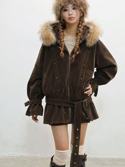WSW WUSHENWU Coffee French Vintage Hooded Zip Loose Women&