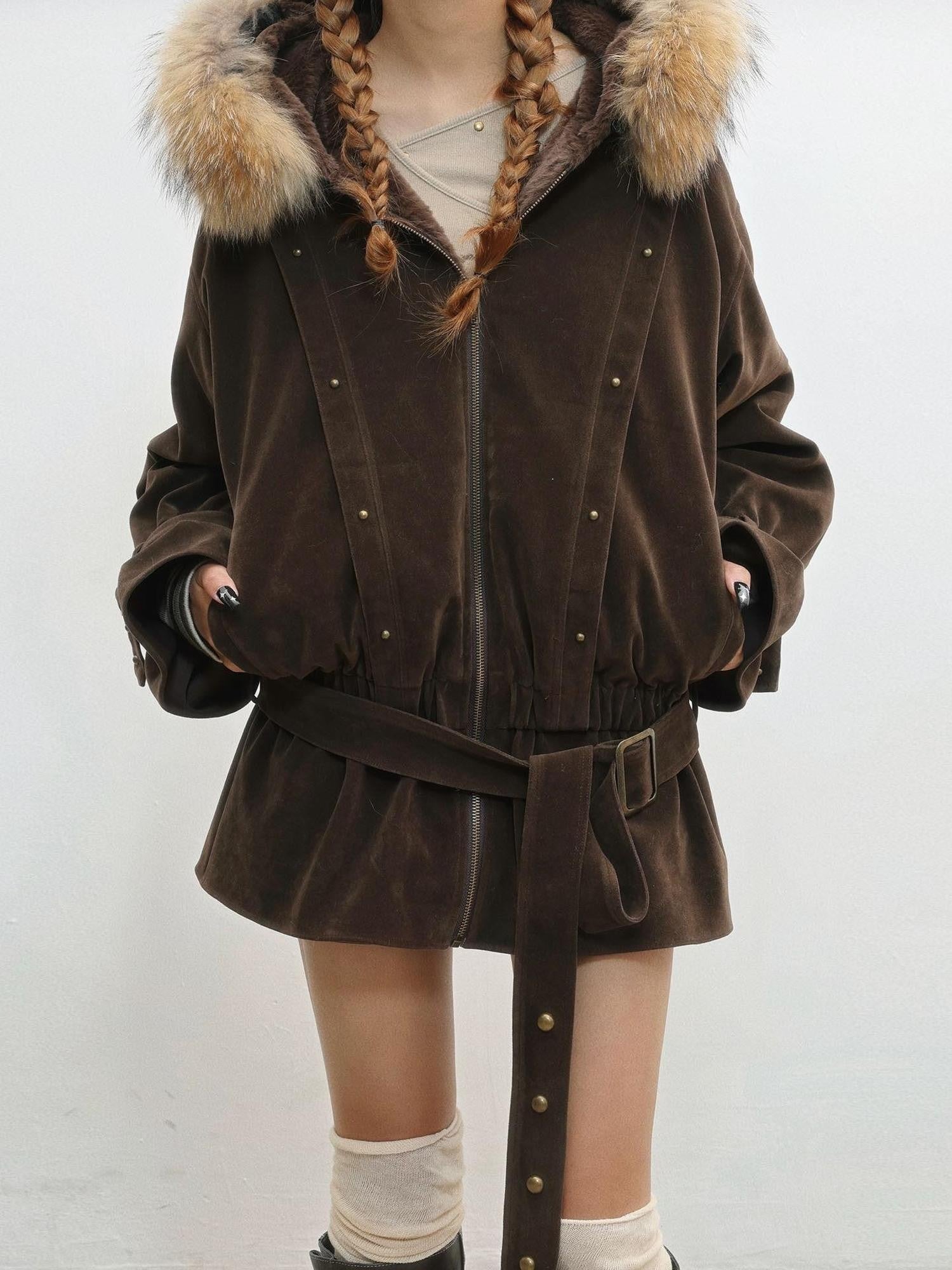 WSW WUSHENWU Coffee French Vintage Hooded Zip Loose Women&