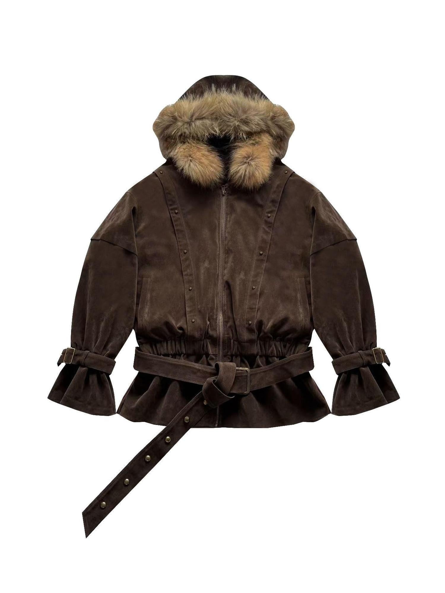 WSW WUSHENWU Coffee French Vintage Hooded Zip Loose Women&