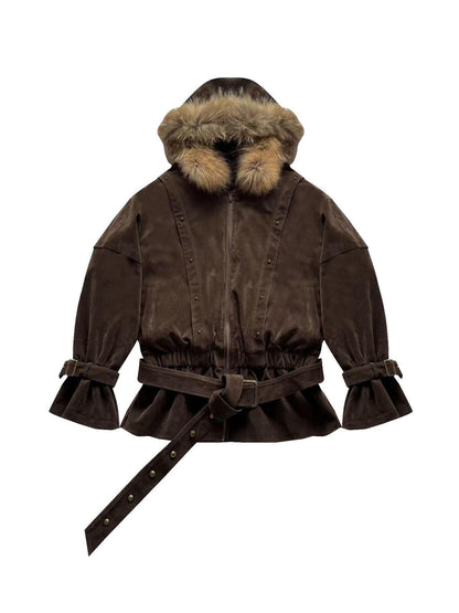 WSW WUSHENWU Coffee French Vintage Hooded Zip Loose Women&