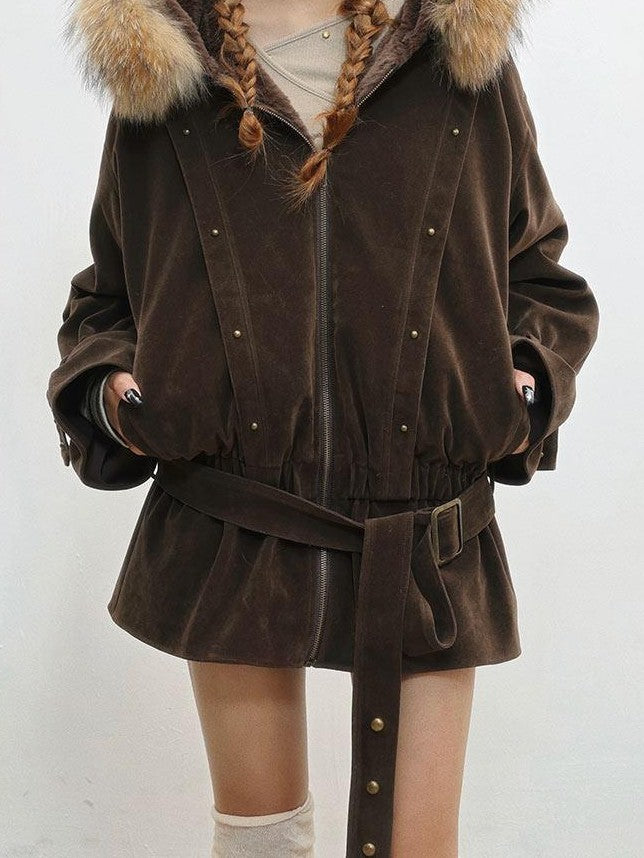 WSW WUSHENWU Coffee French Vintage Hooded Zip Loose Women&