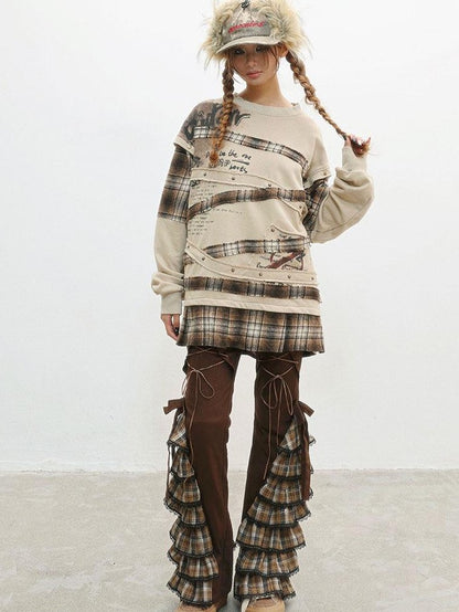 WSW WUSHENWU Coffee Plaid Tie Waist Ruffle Slimming Women&