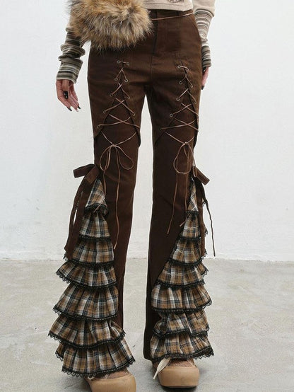 WSW WUSHENWU Coffee Plaid Tie Waist Ruffle Slimming Women&
