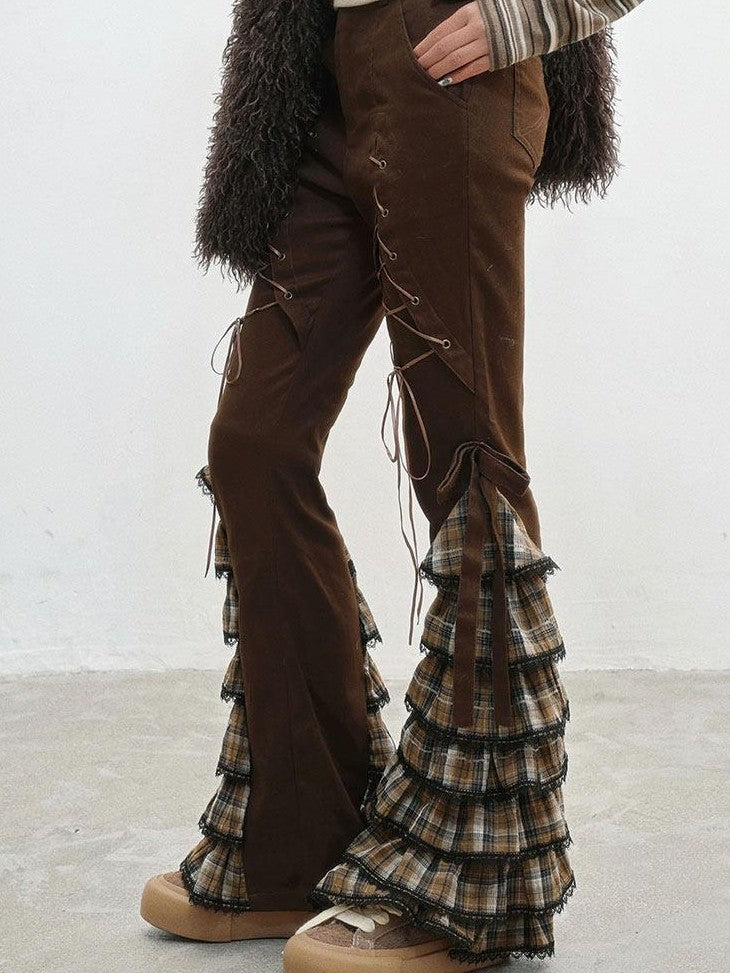 WSW WUSHENWU Coffee Plaid Tie Waist Ruffle Slimming Women&