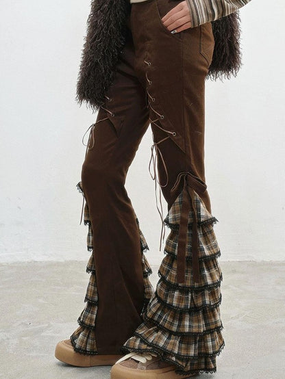 WSW WUSHENWU Coffee Plaid Tie Waist Ruffle Slimming Women&