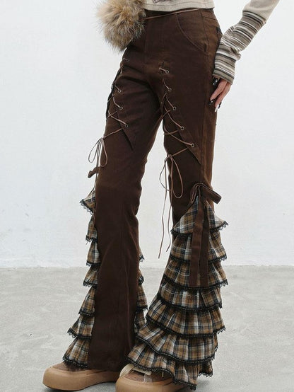 WSW WUSHENWU Coffee Plaid Tie Waist Ruffle Slimming Women&