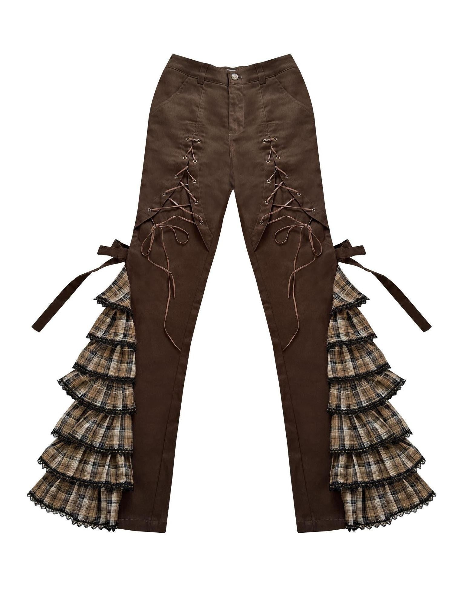 WSW WUSHENWU Coffee Plaid Tie Waist Ruffle Slimming Women&