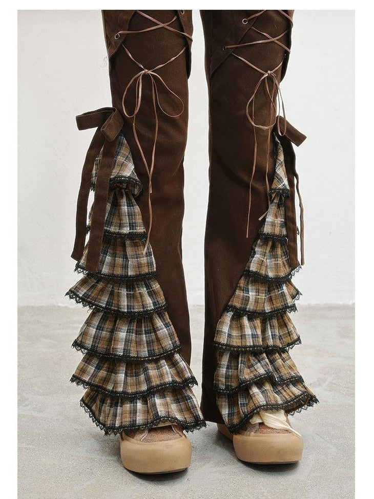 WSW WUSHENWU Coffee Plaid Tie Waist Ruffle Slimming Women&