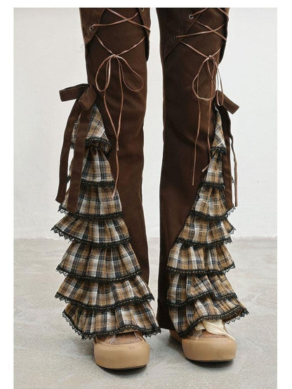 WSW WUSHENWU Coffee Plaid Tie Waist Ruffle Slimming Women&