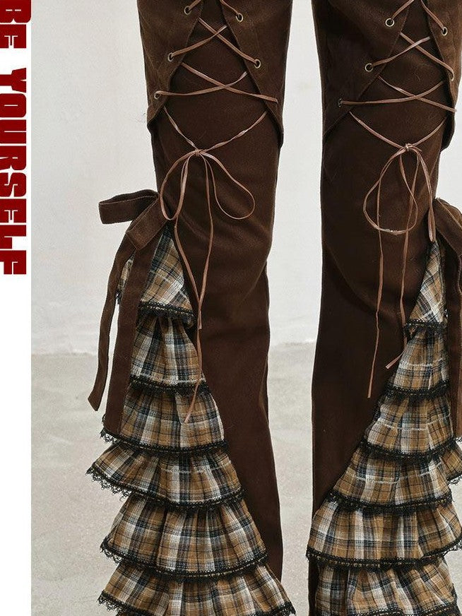 WSW WUSHENWU Coffee Plaid Tie Waist Ruffle Slimming Women&