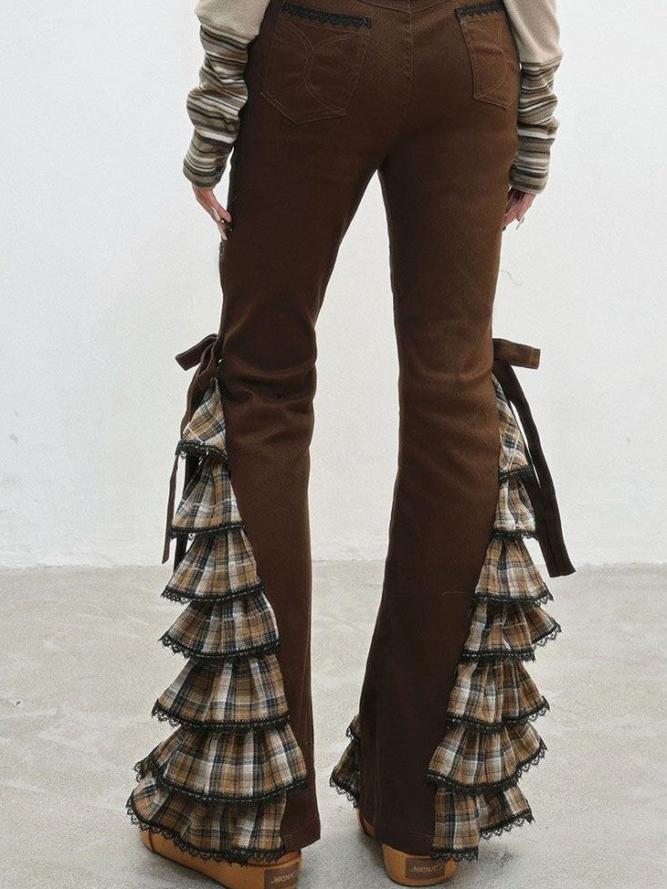 WSW WUSHENWU Coffee Plaid Tie Waist Ruffle Slimming Women&