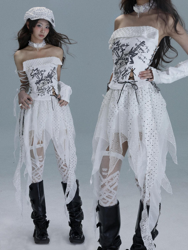 Cropped Printed Tie Punk Denim Women's Cotton Blend Tube Tops
