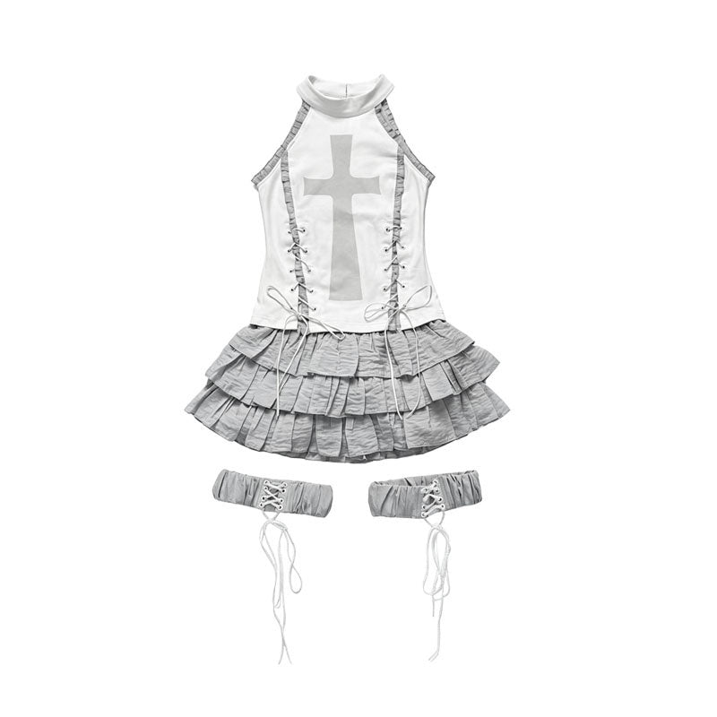 WSW_WUSHENWU_Cross_Print_Gothic_Punk_Grey_White_Sleeveless_Three_Piece_Women&