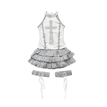 WSW_WUSHENWU_Cross_Print_Gothic_Punk_Grey_White_Sleeveless_Three_Piece_Women&