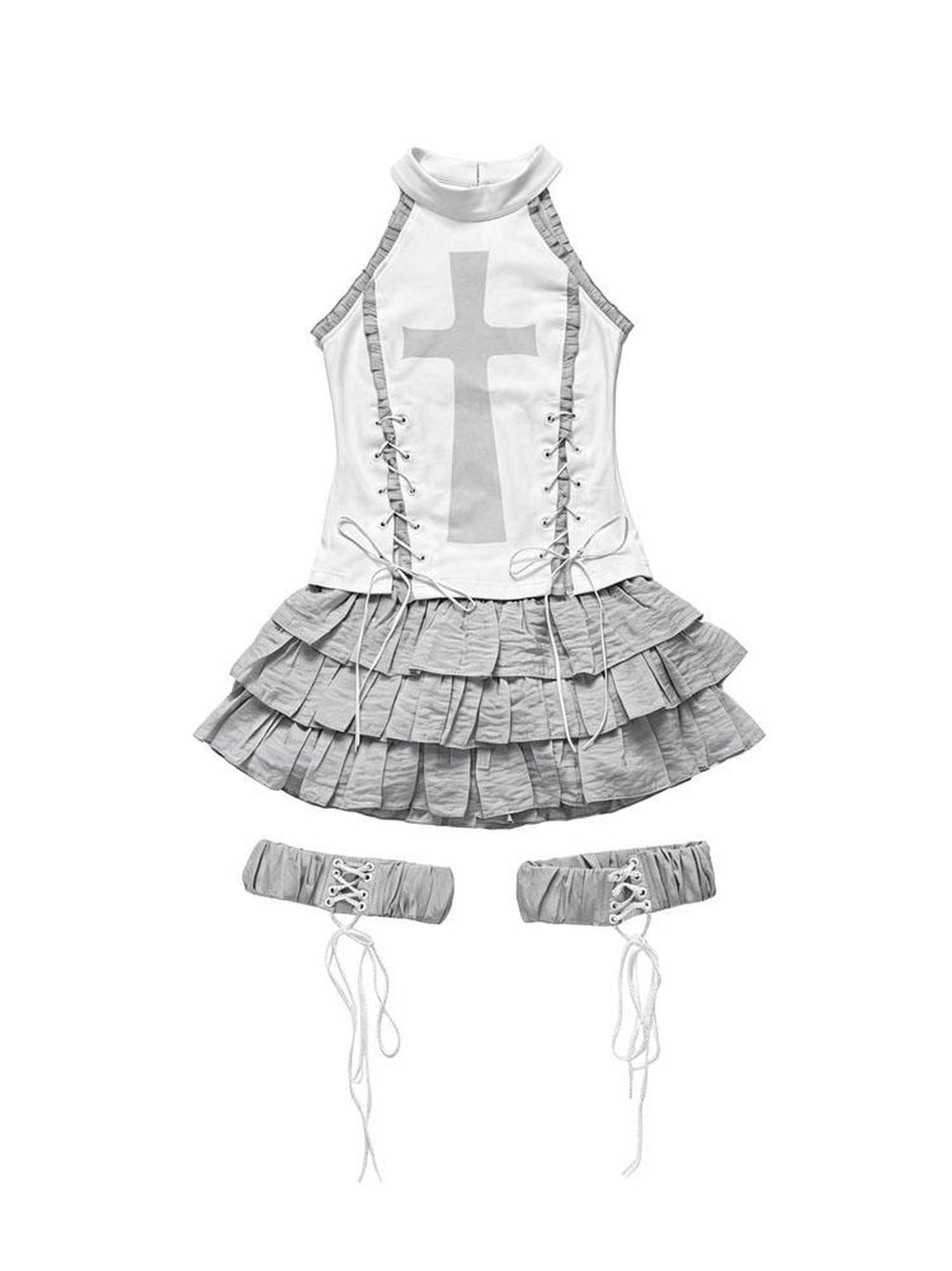 WSW WUSHENWU Cross Print Gothic Punk Grey White Sleeveless Three Piece Women&