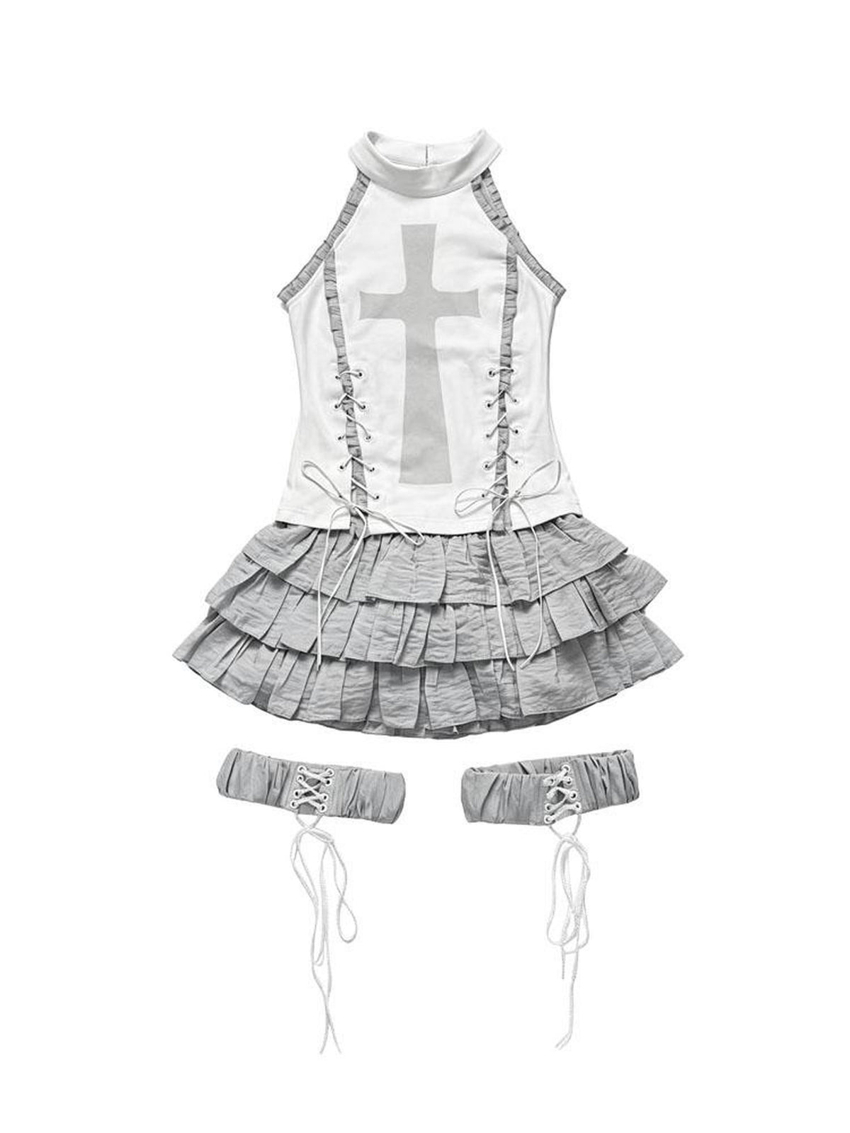 WSW WUSHENWU Cross Print Gothic Punk Grey White Sleeveless Three Piece Women&