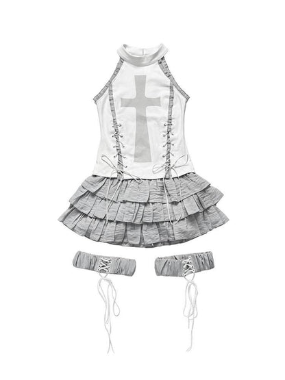 WSW WUSHENWU Cross Print Gothic Punk Grey White Sleeveless Three Piece Women&