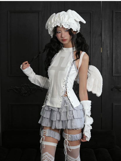 WSW WUSHENWU Cross Print Gothic Punk Grey White Sleeveless Three Piece Women&
