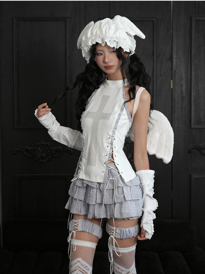 WSW WUSHENWU Cross Print Gothic Punk Grey White Sleeveless Three Piece Women&