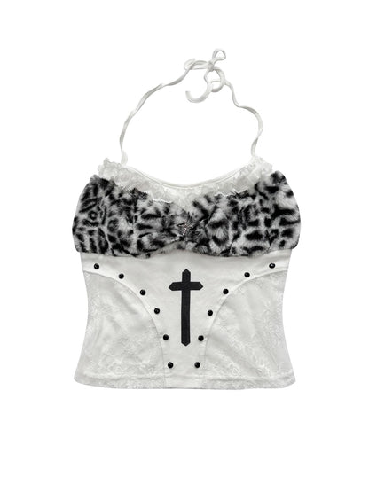 WSW WUSHENWU Crucifix Lace Splice Gothic Punk Crop Slim Women&