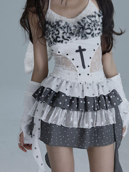 WSW WUSHENWU Crucifix Lace Splice Gothic Punk Crop Slim Women&