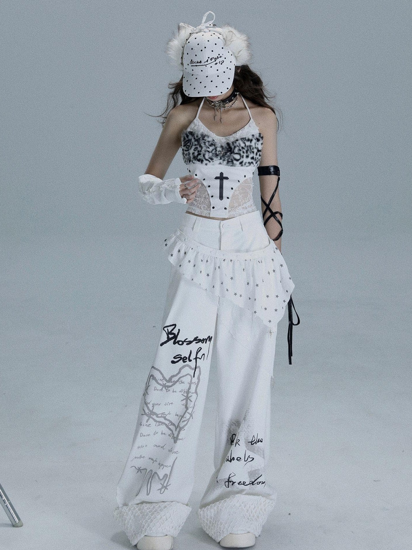 WSW WUSHENWU Crucifix Lace Splice Gothic Punk Crop Slim Women&