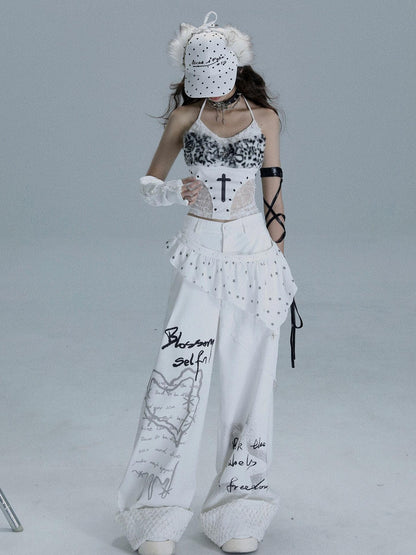 WSW WUSHENWU Crucifix Lace Splice Gothic Punk Crop Slim Women&