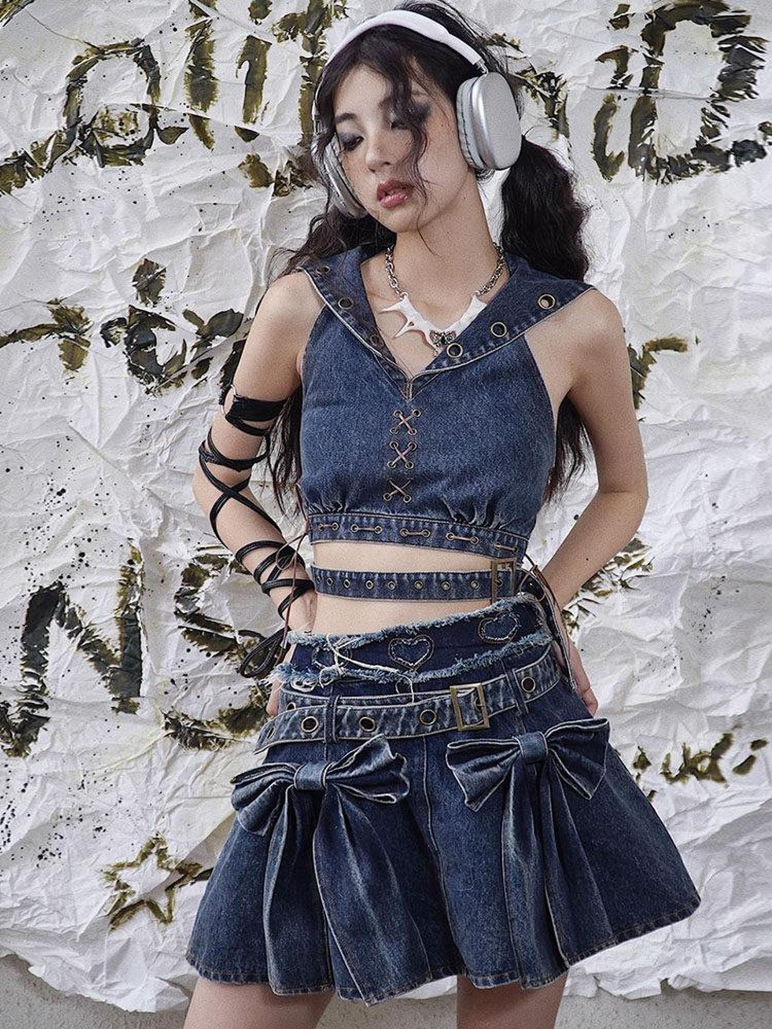 WSW WUSHENWU Denim Rock Backless Original Design Women&