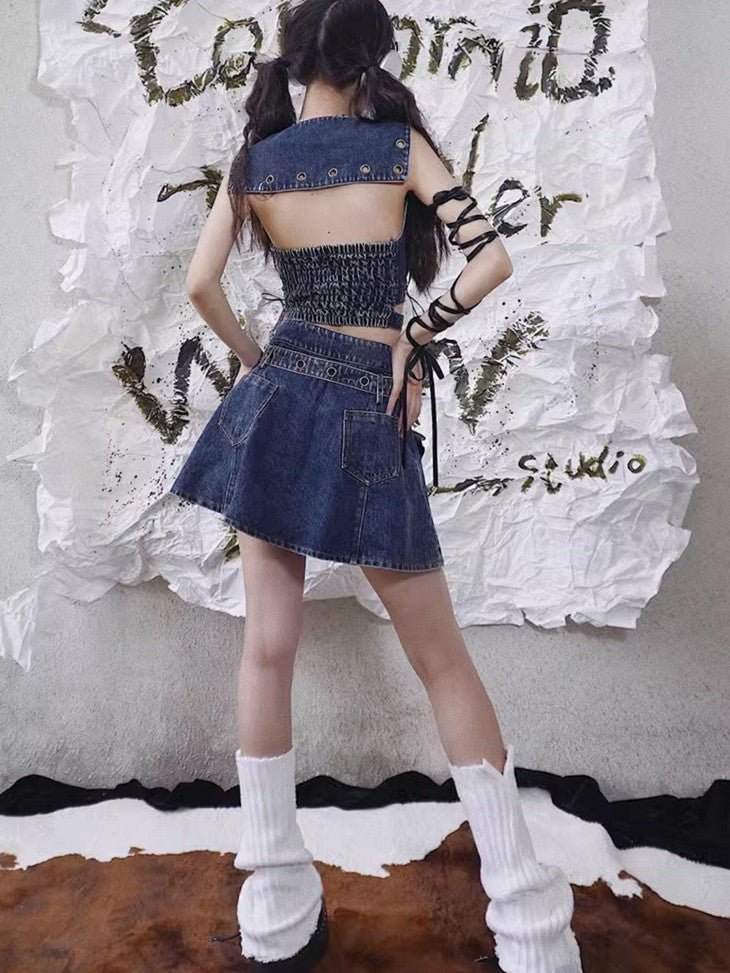WSW WUSHENWU Denim Rock Backless Original Design Women&